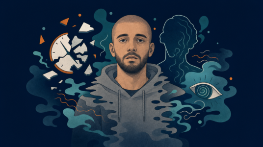 Surreal illustration depicting Dissociation, showing a man in a hoodie dissolving into teal mist, surrounded by a shattered clock, a fragmented silhouette, and a swirling spiral eye.