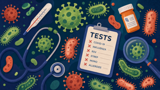 Medical illustration showing a clipboard labeled “Tests” with COVID‑19, Influenza, RSV, Strep, Mono, and Allergies marked with red Xs, surrounded by viruses, bacteria, and healthcare tools.