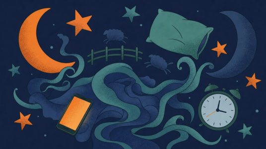 Surreal nighttime illustration with crescent moons, stars, pillow, alarm clock, smartphone, and sheep connected by flowing dreamlike shapes against a dark blue background