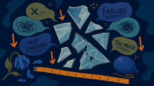 Broken glass shards surrounded by negative words like “FAILURE” and “NOT ENOUGH,” wilted flower, deflated balloon, scribbles, and measuring tape — symbolizing low self‑esteem and emotional struggle