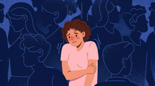Illustration of a person feeling isolated in a crowd, representing social anxiety and shyness, created for CBT Clinic London mental health support.